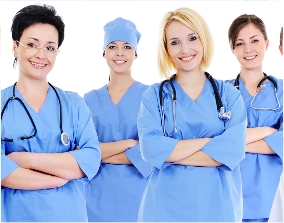 registered nurses in blue scrubs